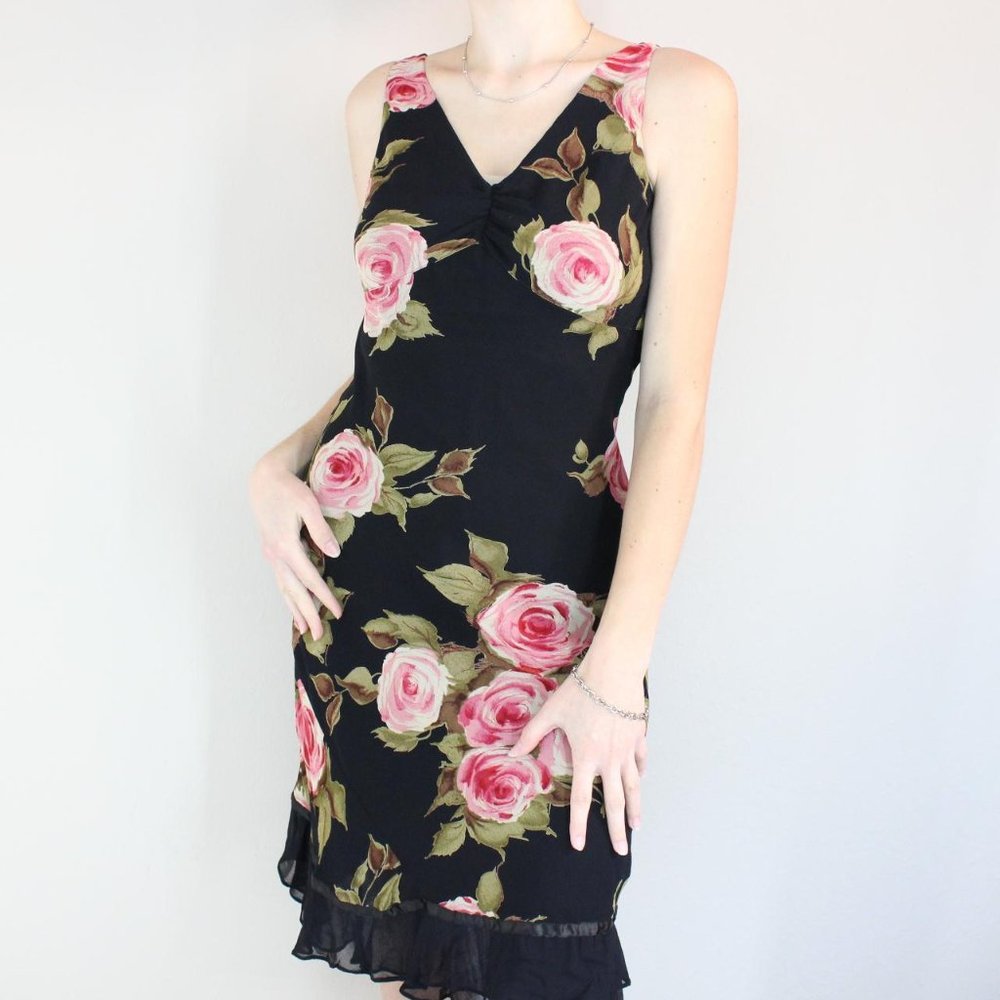 Vintage VTG Y2K Black & Pink Spring Summer Floral Fairy Grunge Midi Dress